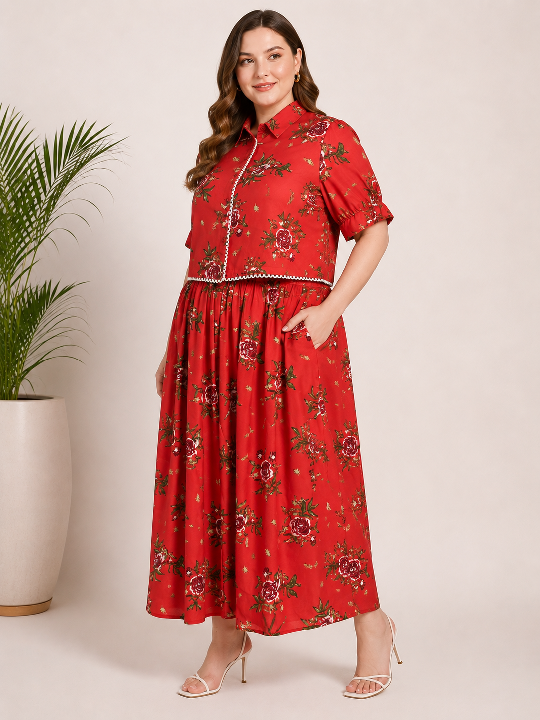 U&F Beyond Red Floral Printed Plus Size Shirt & Maxi Skirt Co-Ord Set