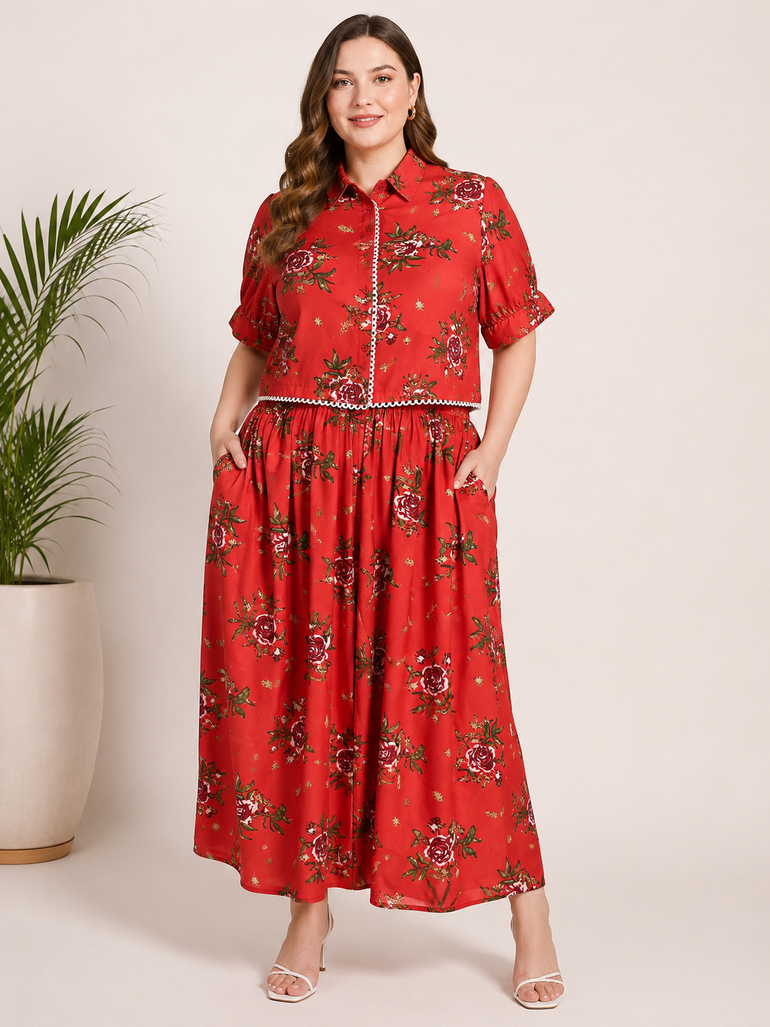 U&F Beyond Red Floral Printed Plus Size Shirt & Maxi Skirt Co-Ord Set