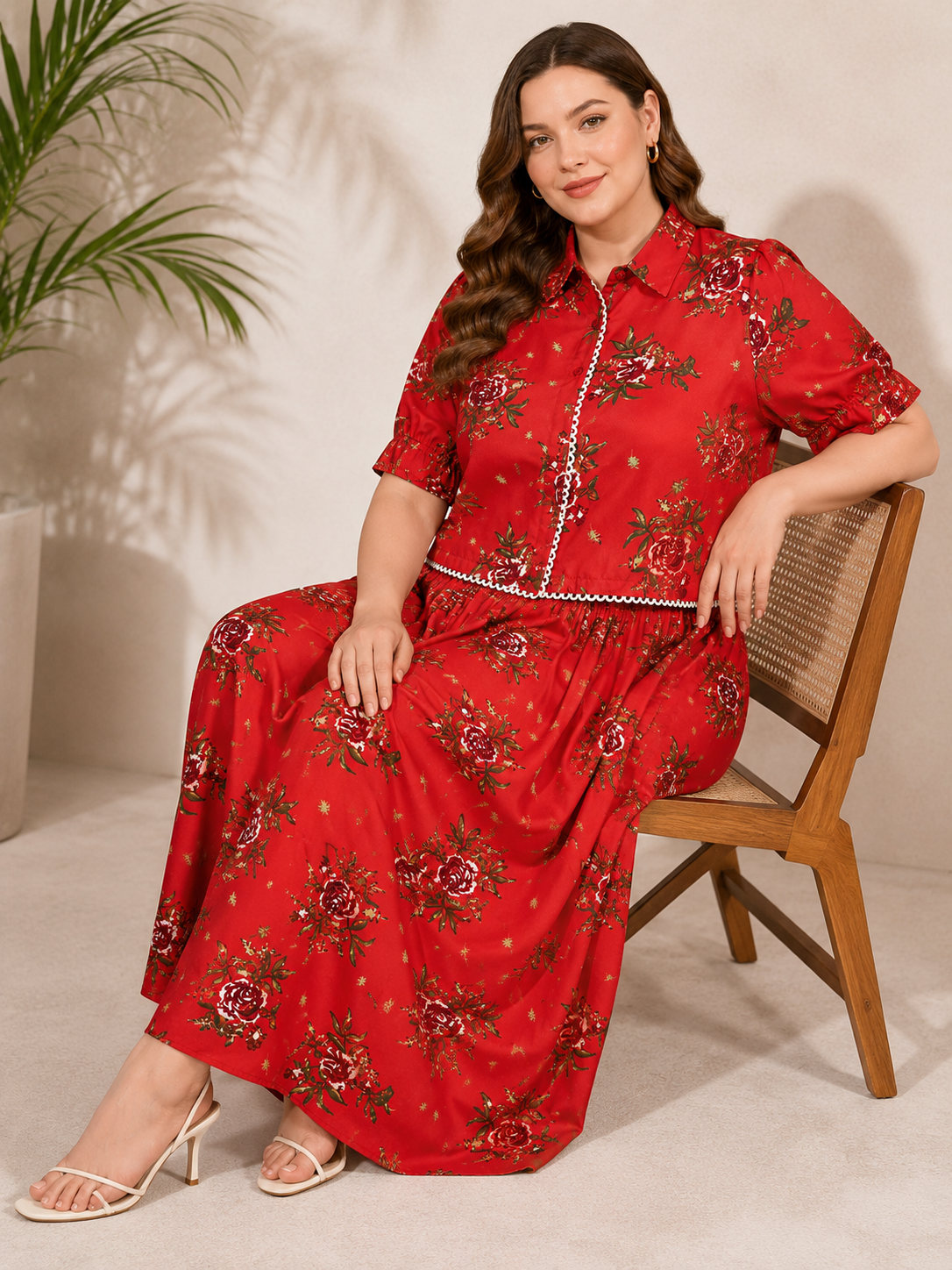 U&F Beyond Red Floral Printed Plus Size Shirt & Maxi Skirt Co-Ord Set
