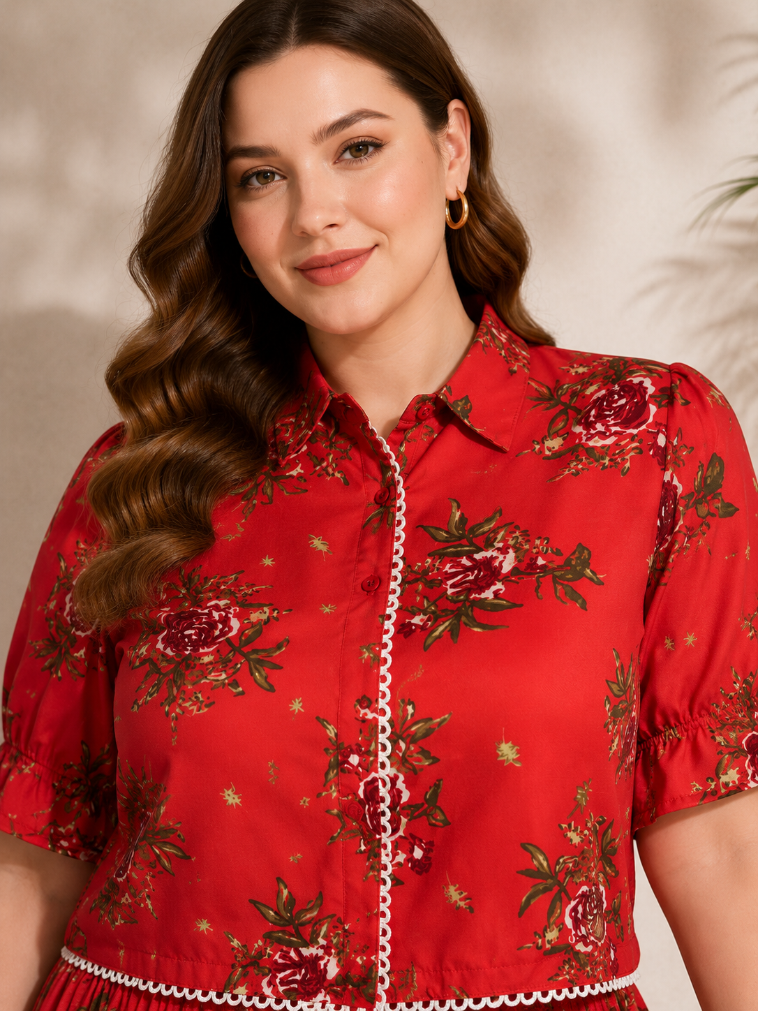U&F Beyond Red Floral Printed Plus Size Shirt & Maxi Skirt Co-Ord Set