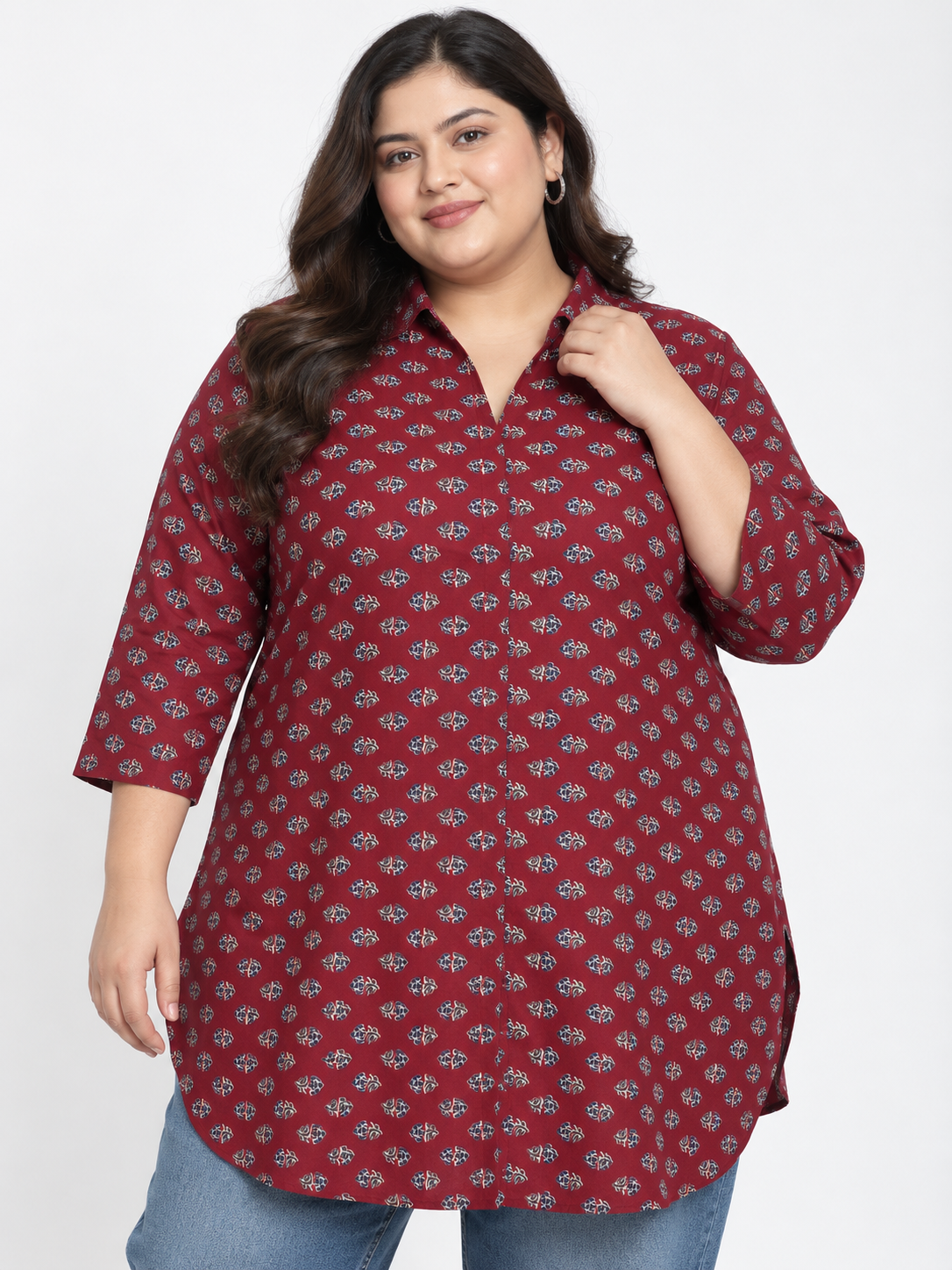 U&F Beyond Women Plus Size Maroon Floral Print Cotton Shirt Style Top