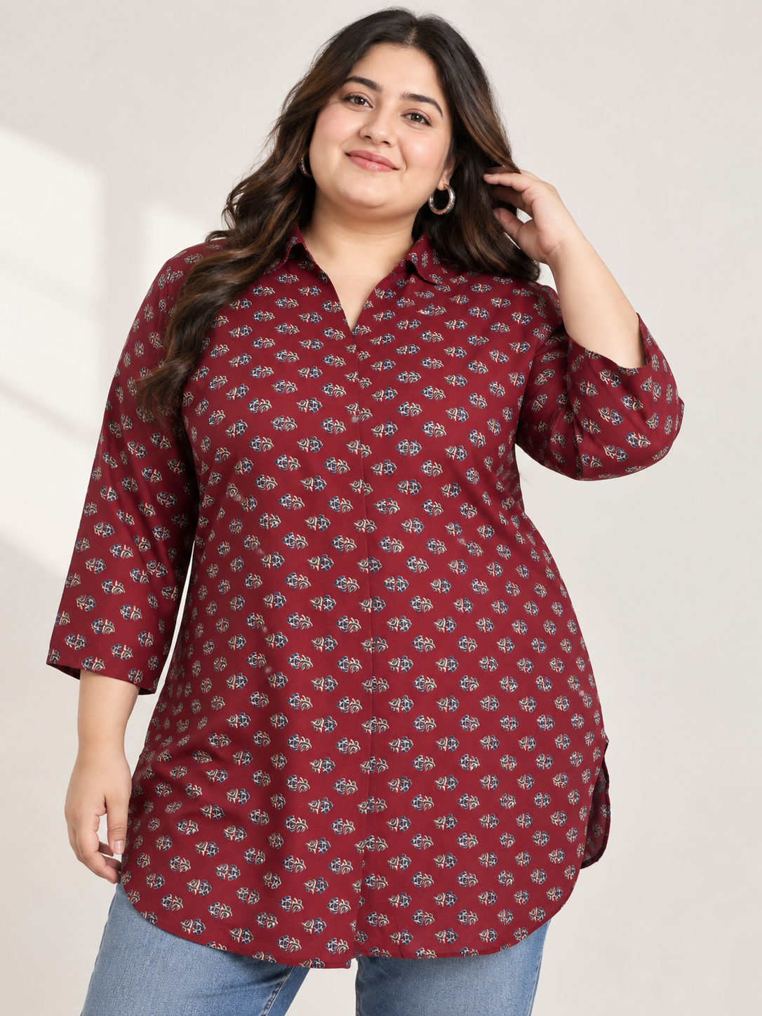 U&F Beyond Women Plus Size Maroon Floral Print Cotton Shirt Style Top