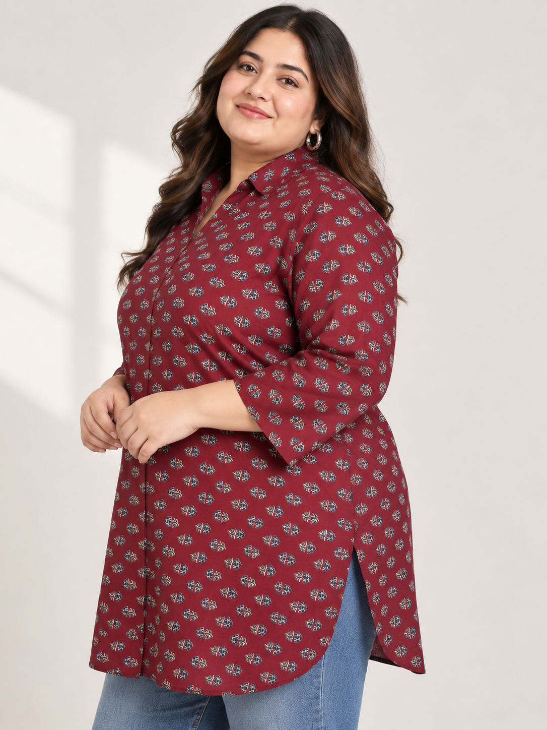 U&F Beyond Women Plus Size Maroon Floral Print Cotton Shirt Style Top