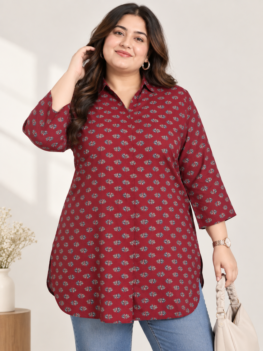 U&F Beyond Women Plus Size Maroon Floral Print Cotton Shirt Style Top