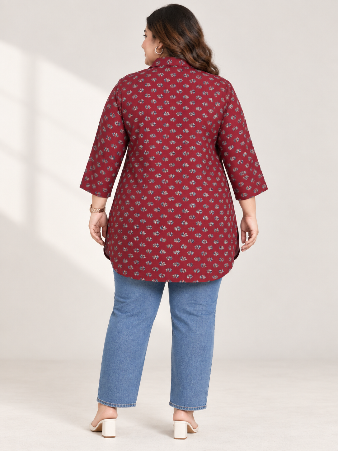 U&F Beyond Women Plus Size Maroon Floral Print Cotton Shirt Style Top