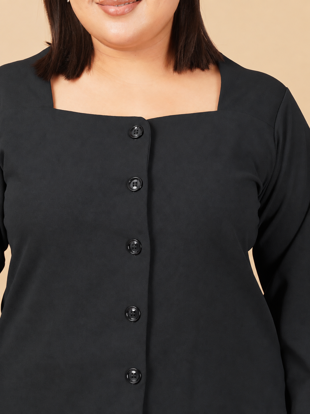 U&F Beyond Plus Size Black Solid Square-Neck Button-Front Top
