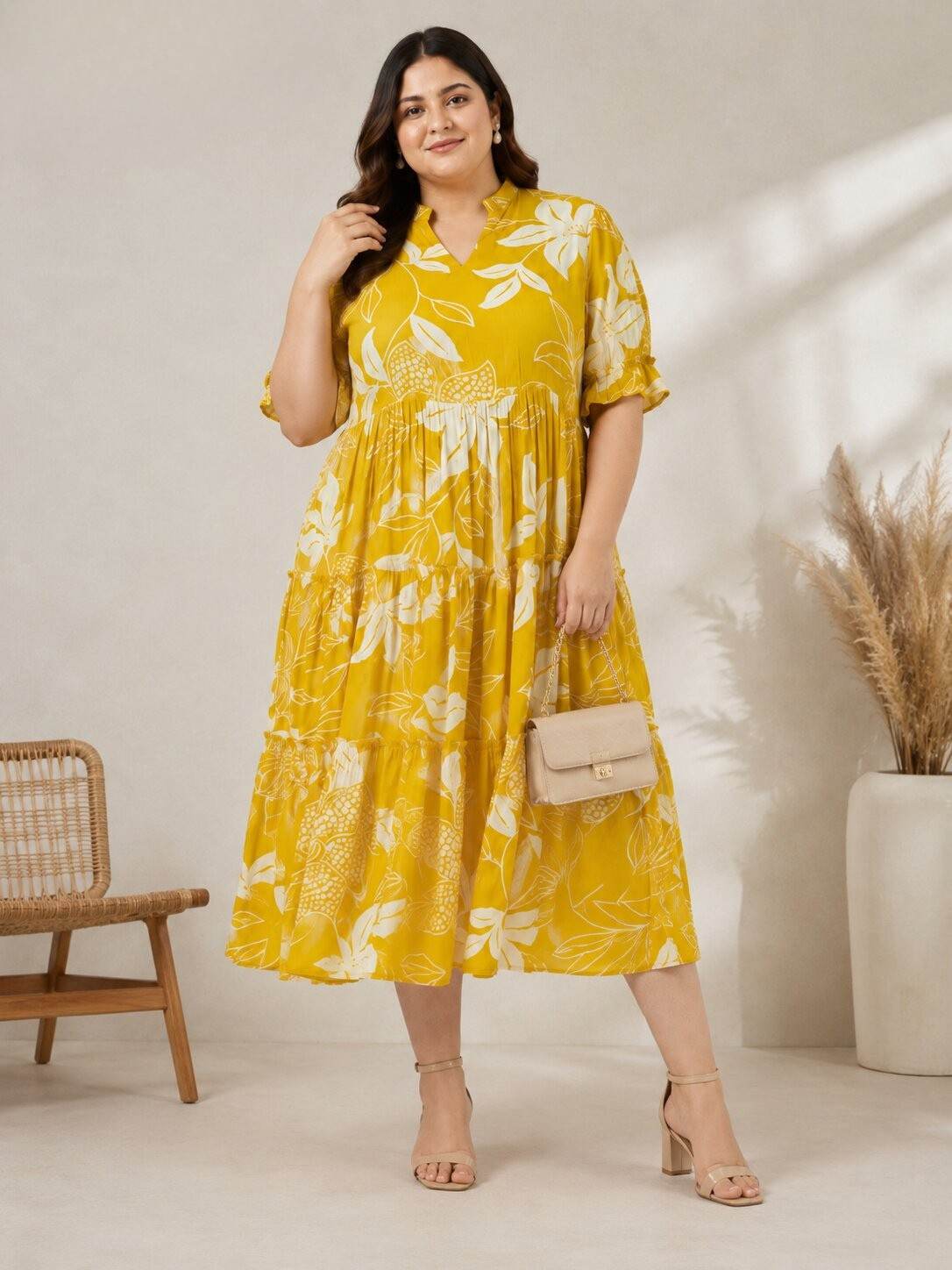 U&F Beyond Plus Size Cotton Yellow Floral Printed Tiered Midi Dress