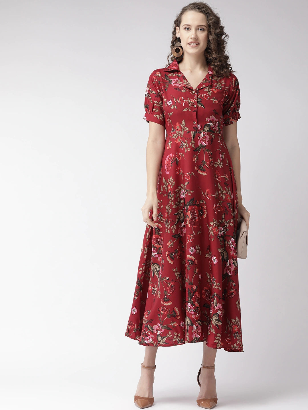 OLIVE GREEN & RED FLORAL PRINT DRESS main image 1