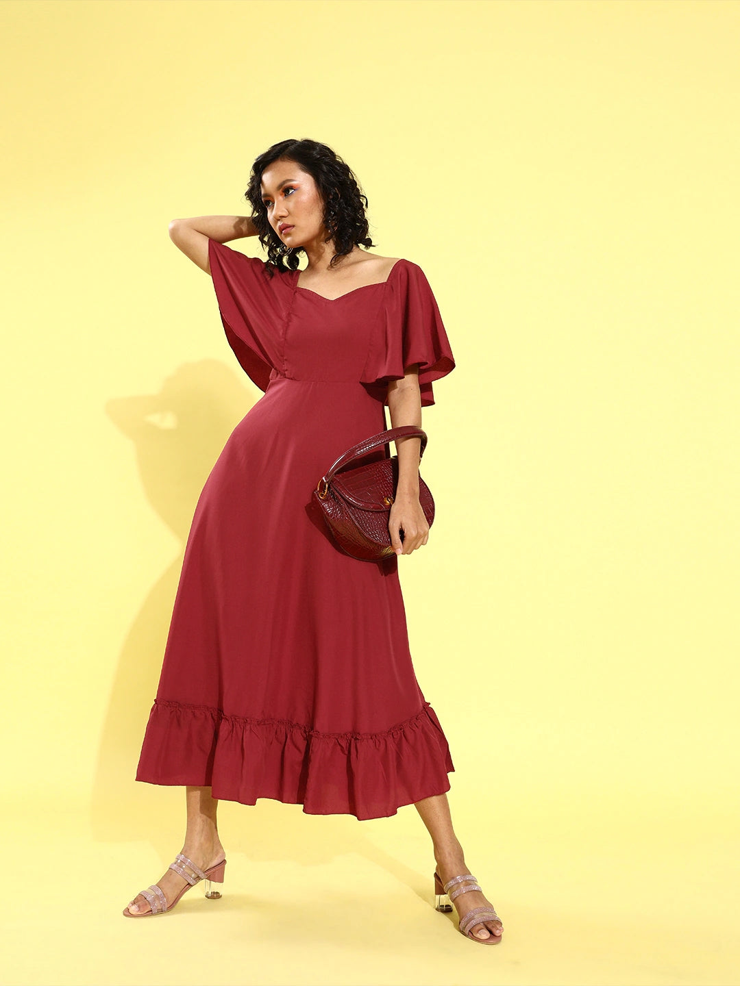Women Maroon Solid A-Line Midi Dress