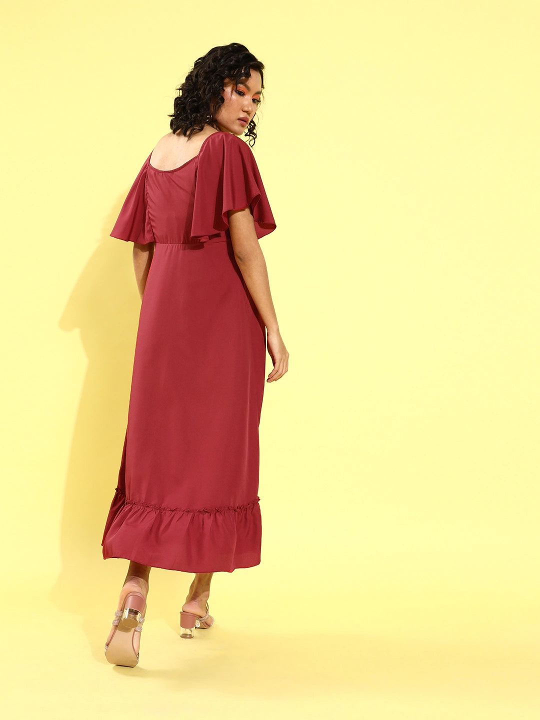 Women Maroon Solid A-Line Midi Dress