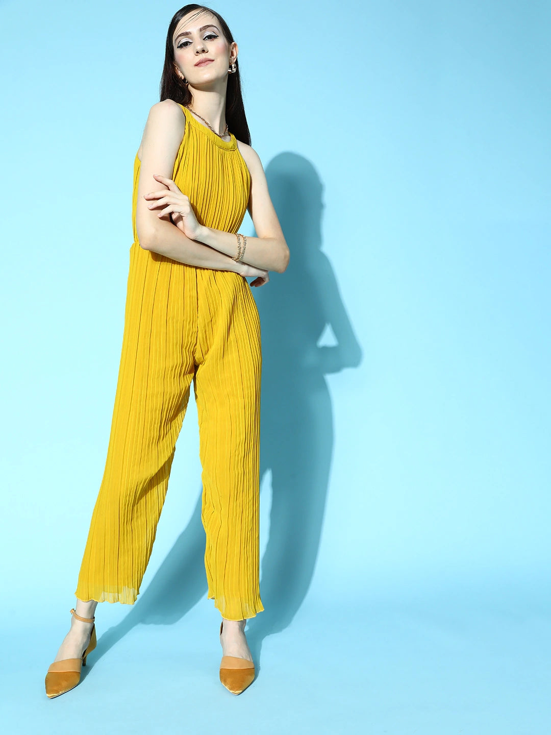 Women Mustard Solid Pleated Form Jumpsuit
