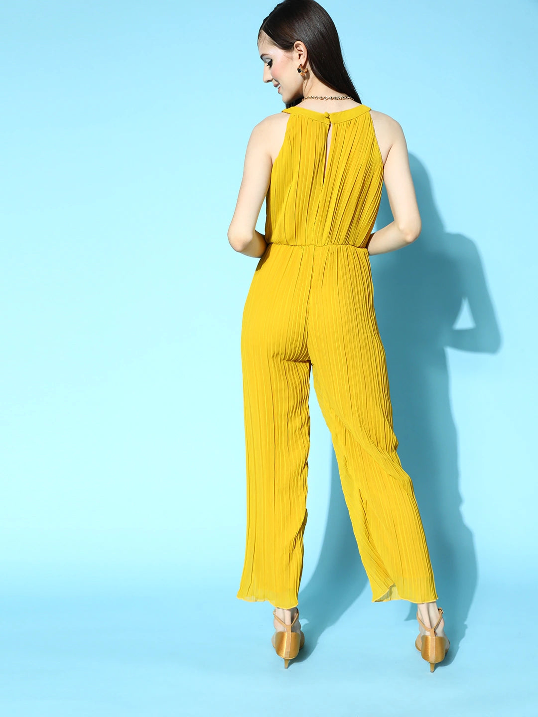 Women Mustard Solid Pleated Form Jumpsuit
