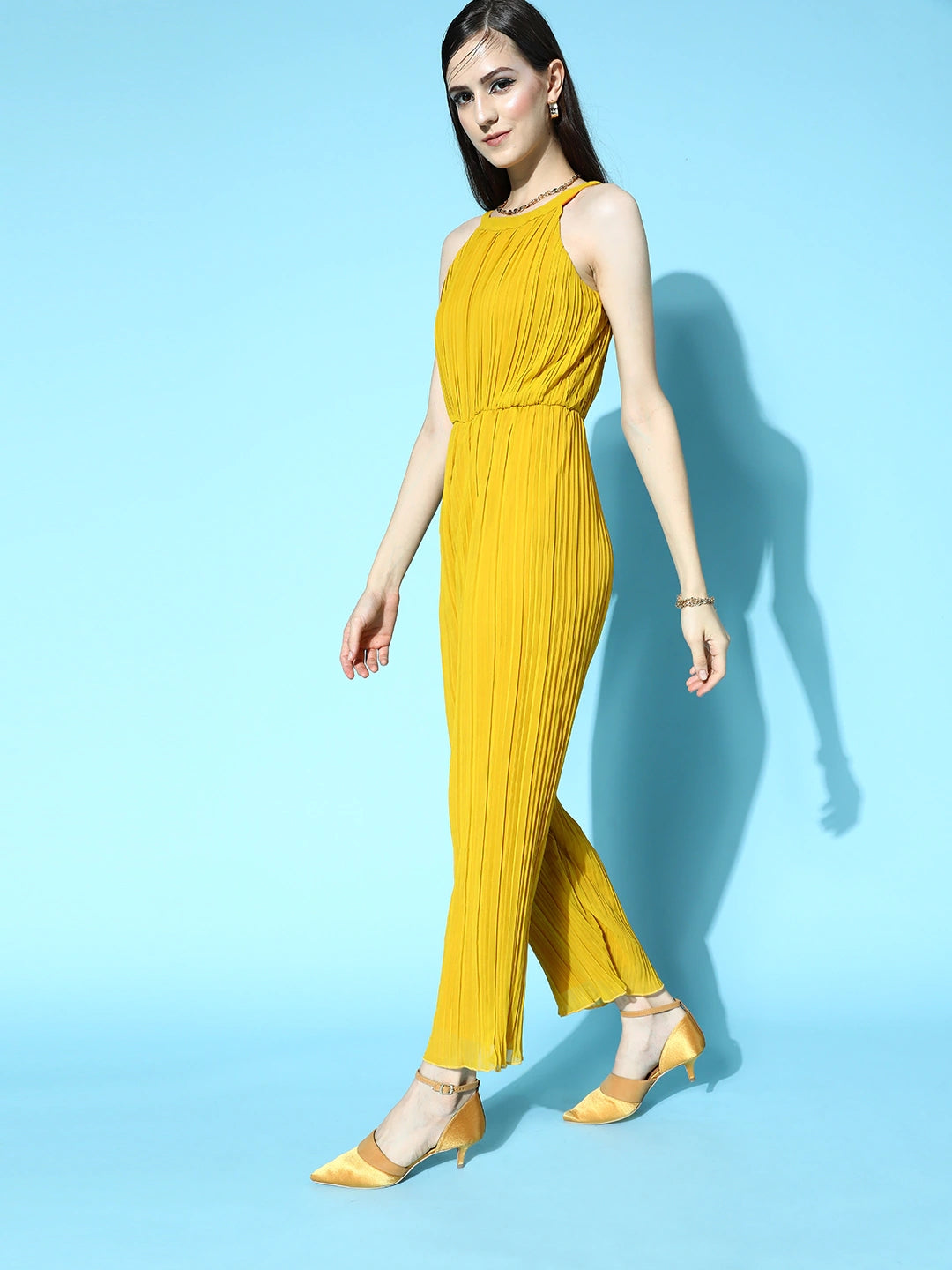 Women Mustard Solid Pleated Form Jumpsuit