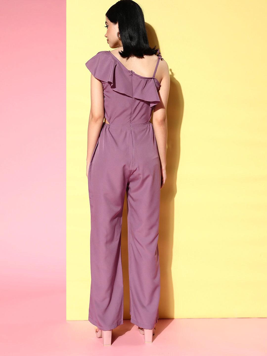 Women Elegant Mauve Solid Asymmetry Jumpsuit