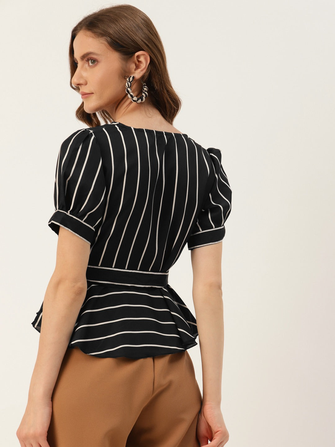 Women Black White Striped Crepe Peplum Top